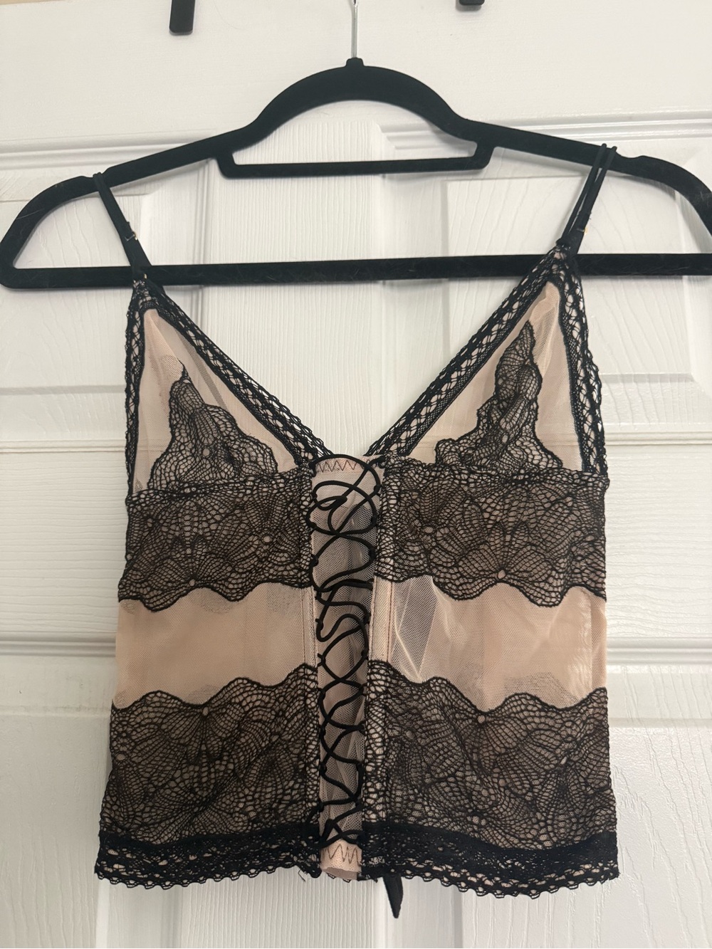 Victoria's Secret Black Lace-Trim Camisole Over Nude